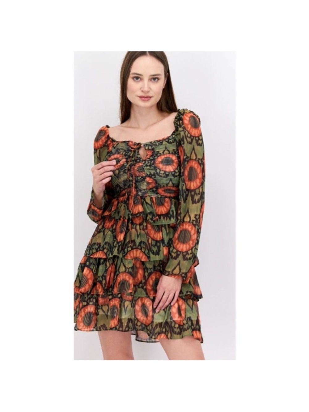 Beulah Olive Green & Orange Floral Tiered Mini Dress